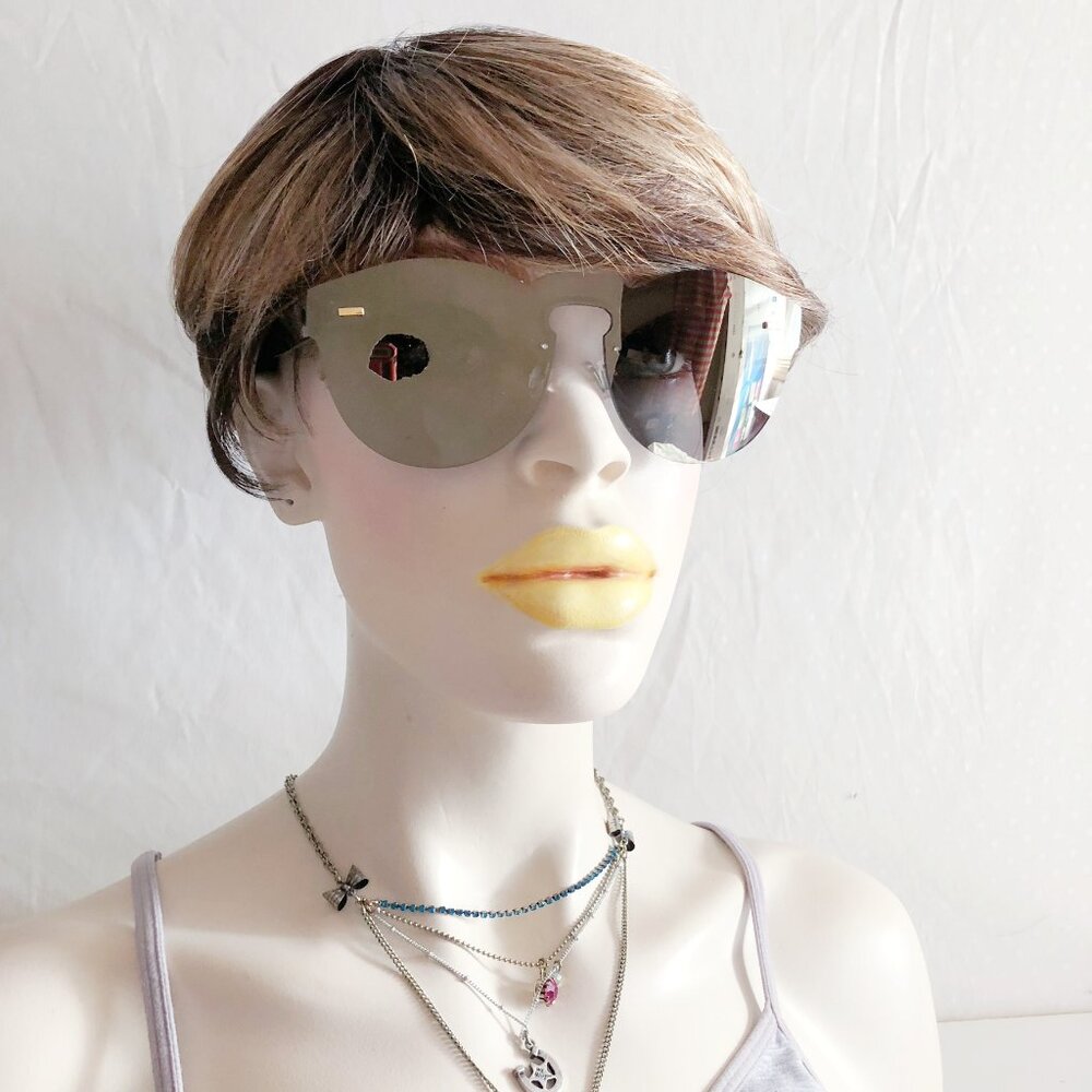 Round Oval Frameless Gray Mirror Shield Sunglasses